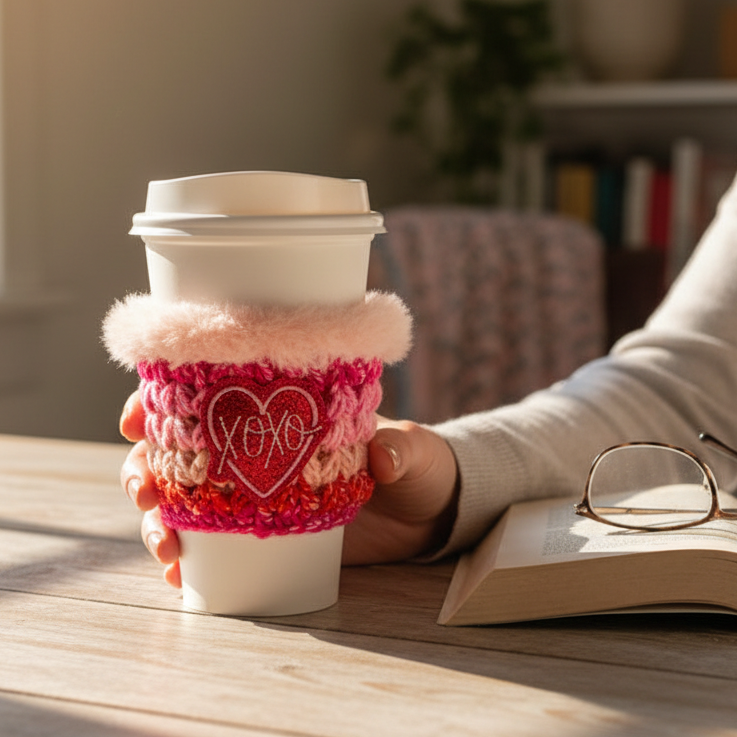XOXO Heart Coffee Cozy, handmade drink sleeve - view 2
