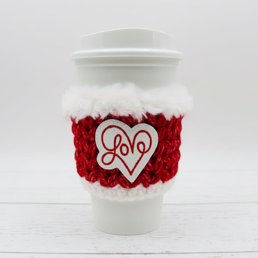Love Word Heart Coffee Cozy, handmade drink sleeve