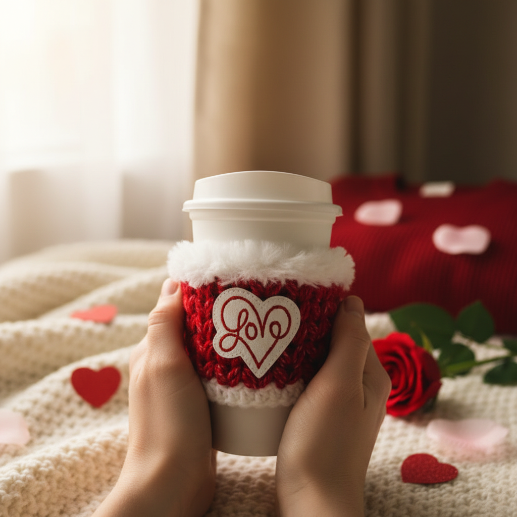 Love Word Heart Coffee Cozy, handmade drink sleeve - view 2