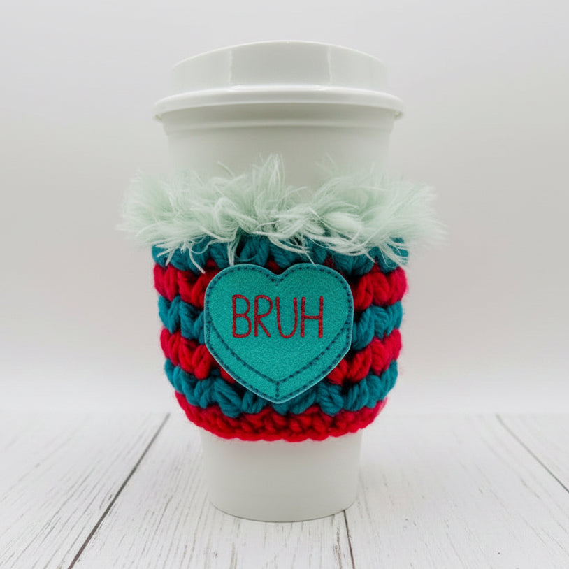 Bruh Heart Coffee Cozy, handmade drink sleeve