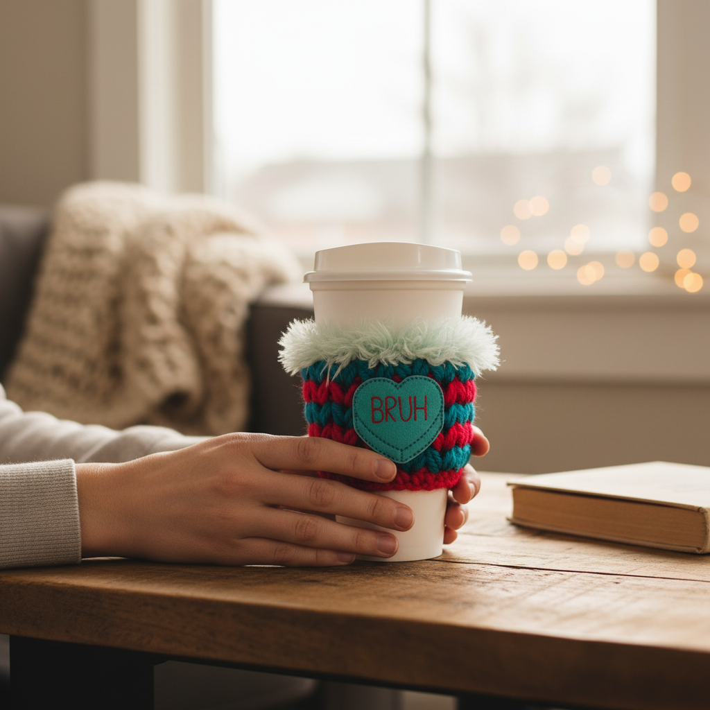 Bruh Heart Coffee Cozy, handmade drink sleeve - view 2
