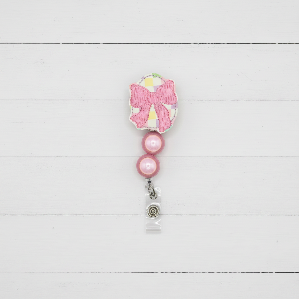 Egg with Bow Badge Reel, handmade retractable ID badge reel
