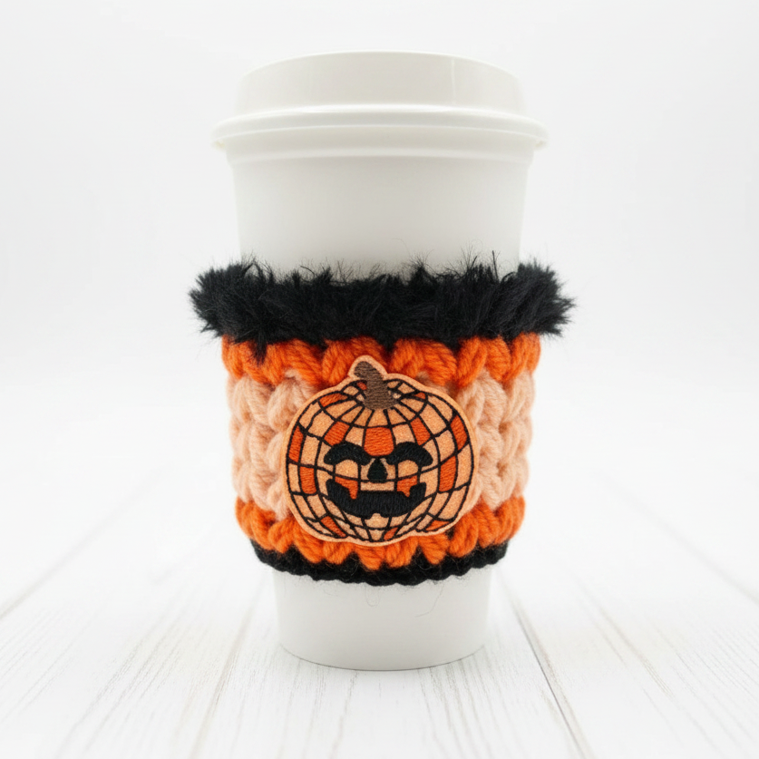 Disco pumpkin coffee cozy