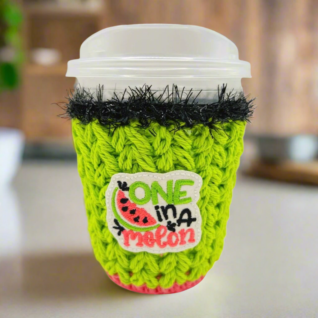 One in a melon cup cozy, handmade drink sleeve