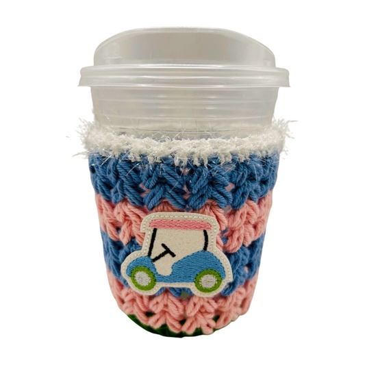 Crocheted cup sleeve with a car design on a white background