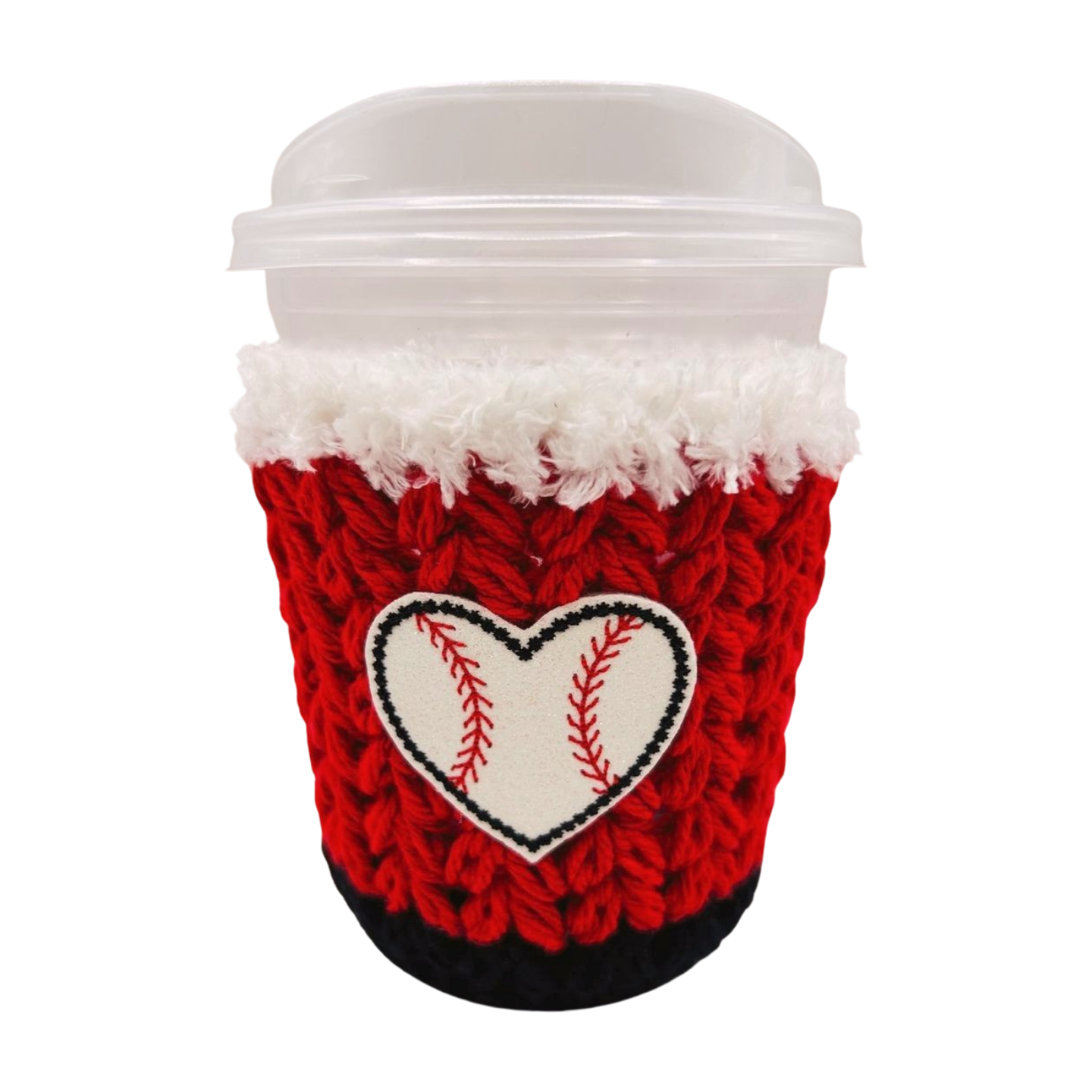 Red knitted cup cozy with a heart design on a white background