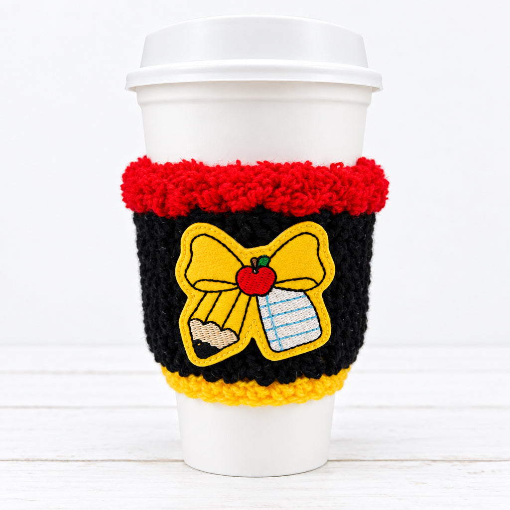 Pencil and Notebook Bow Crocheted Coffee Cozy, handmade drink sleeve