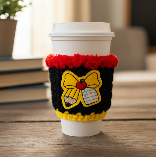 Pencil and Notebook Bow Crocheted Coffee Cozy