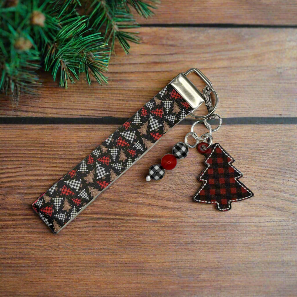 Buffalo Plaid Christmas Tree Keychain and Wristlet, handmade keychain wristlet - view 3