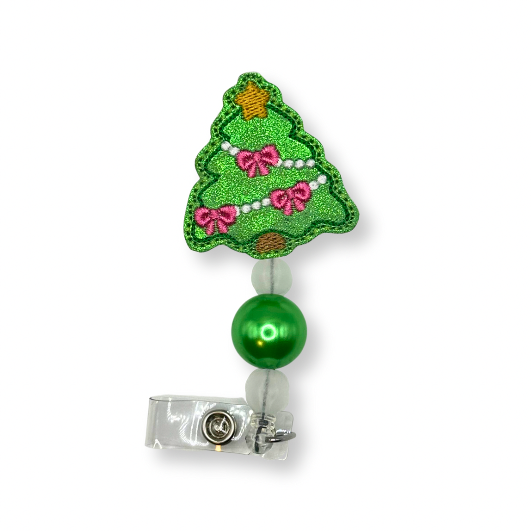Christmas Tree with Pink Bows Badge Reel