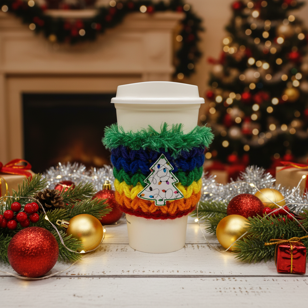 Rainbow Light Tree Coffee Cozy, handmade drink sleeve - view 2