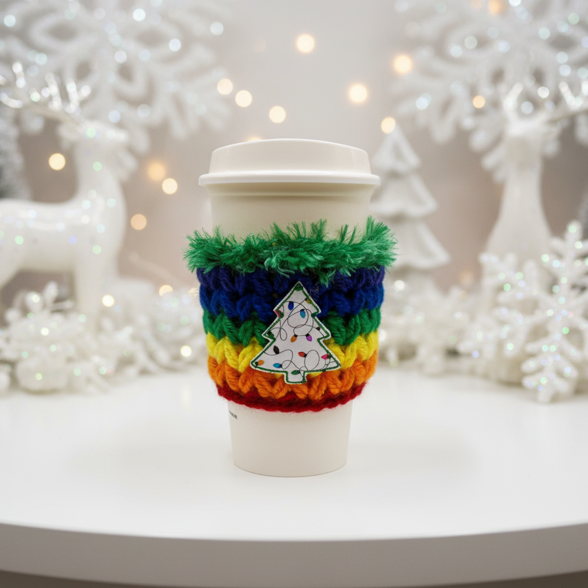Rainbow Light Tree Coffee Cozy, handmade drink sleeve