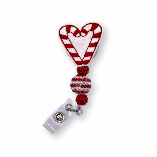 Candy Cane Heart Beaded Badge Reel