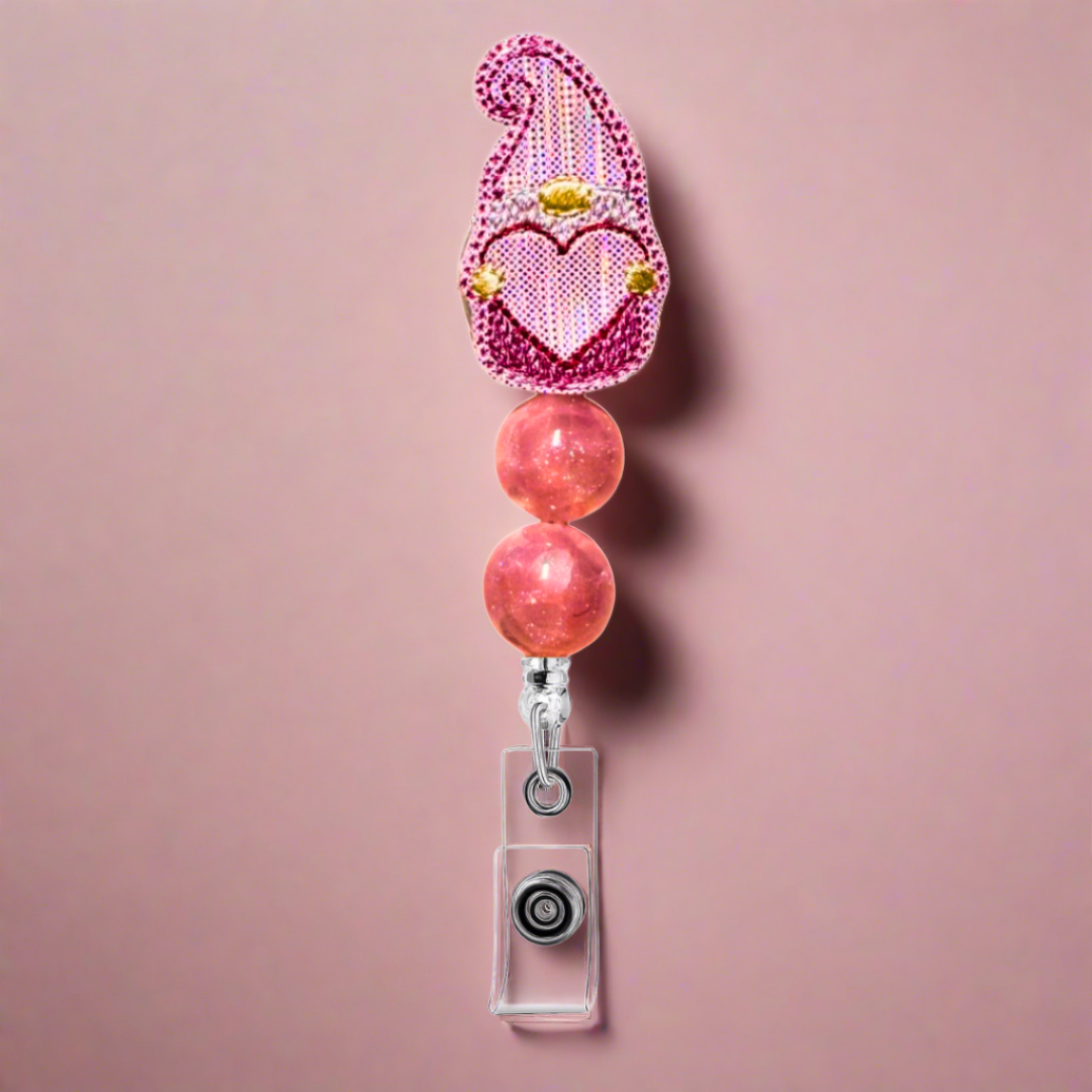Pink Gnome with Heart Beaded Badge Reel