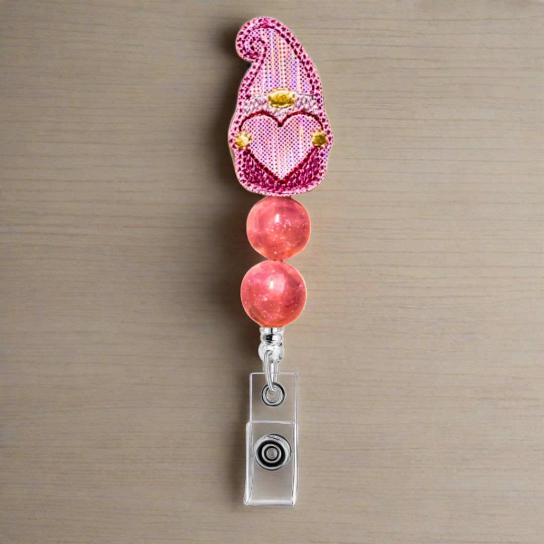 Pink Gnome with Heart Beaded Badge Reel