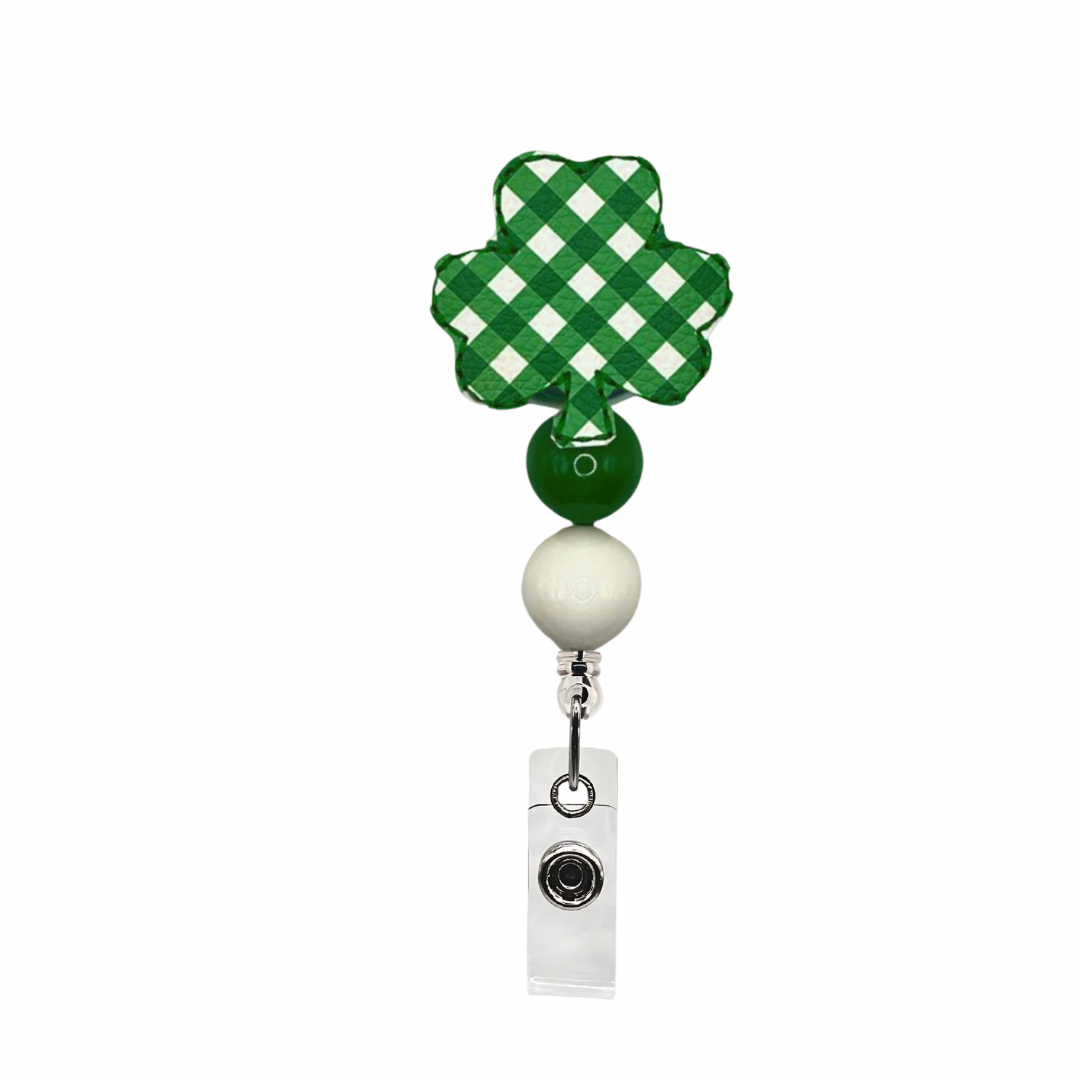Green Plaid Shamrock Beaded Badge Reel