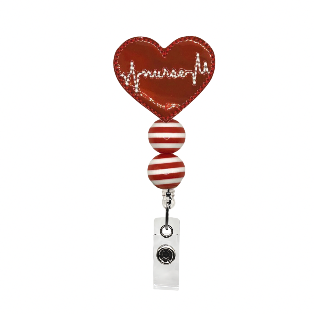 Red heart nurse EKG badge reel