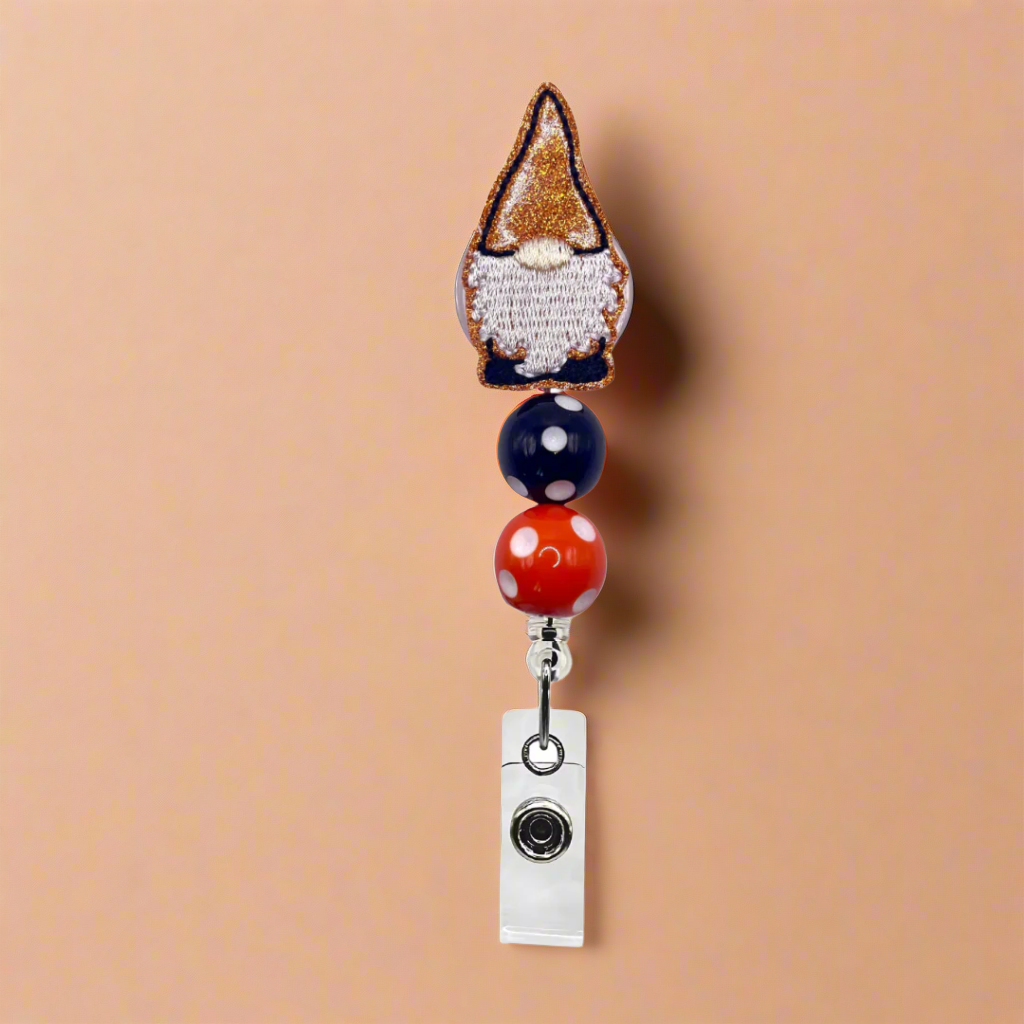 Black and Orange Gnome Polka Dot Beaded Badge Reel