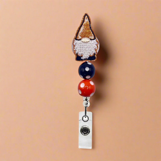 Black and Orange Gnome Polka Dot Beaded Badge Reel