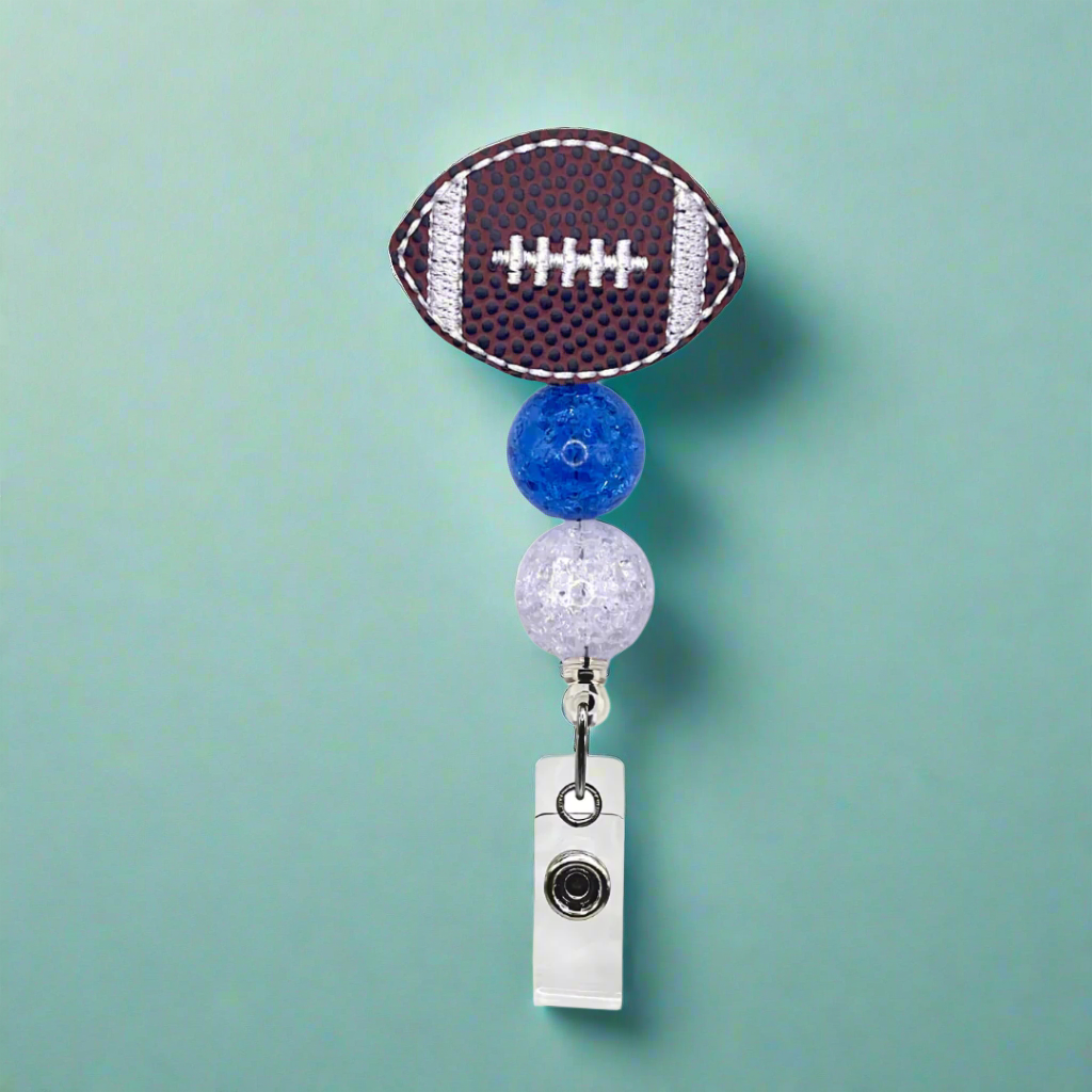 Blue and White Football Badge Reel