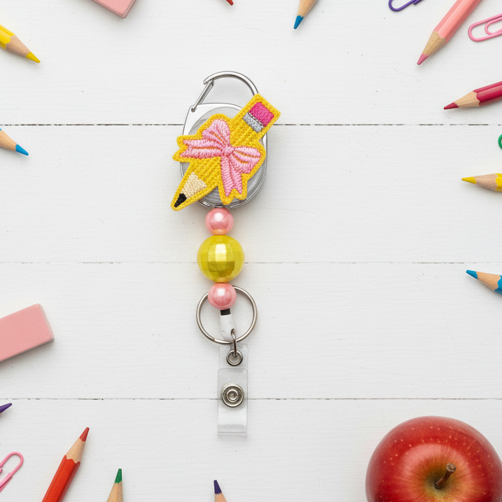 Pencil with Bow Badge Reel, handmade retractable ID badge reel