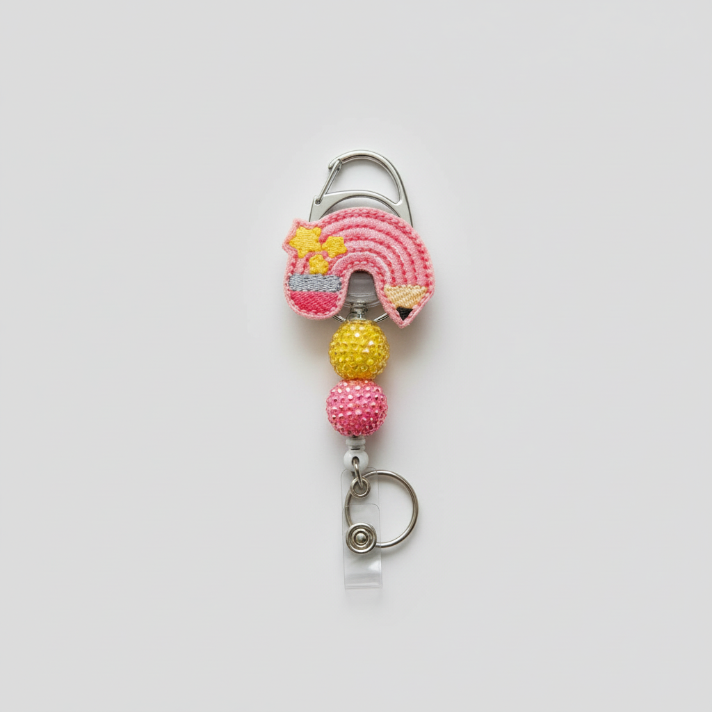 Pink Pencil Rainbow Badge Reel, handmade retractable ID badge reel - view 3