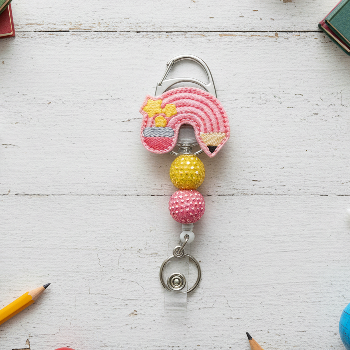 Pink Pencil Rainbow Badge Reel, handmade retractable ID badge reel