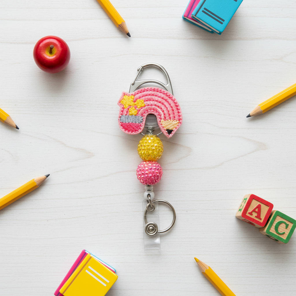 Pink Pencil Rainbow Badge Reel, handmade retractable ID badge reel - view 2