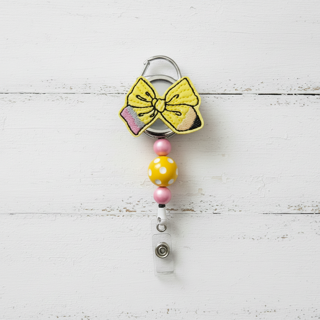 Keychain with yellow bow and colorful beads on a white wooden surface with stationery items.