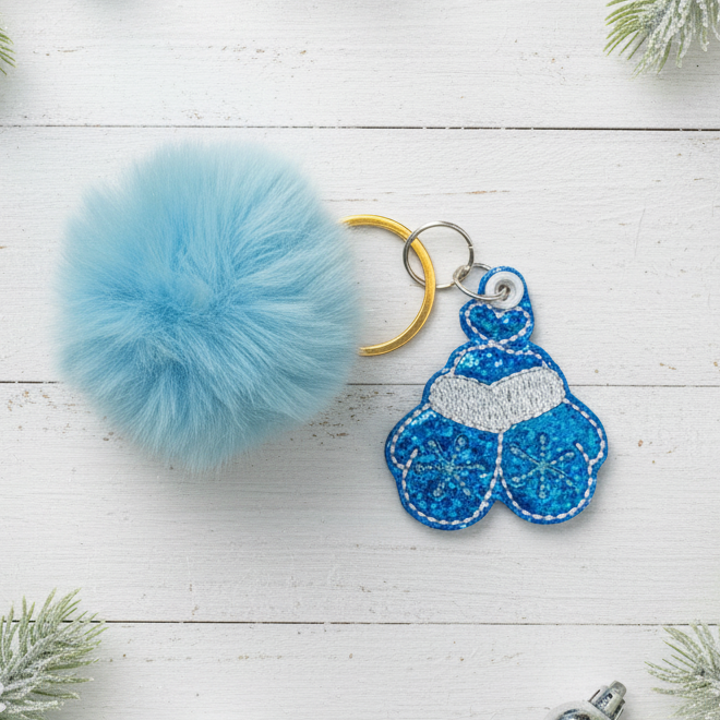 Blue Mitten Pom Pom Keychain
