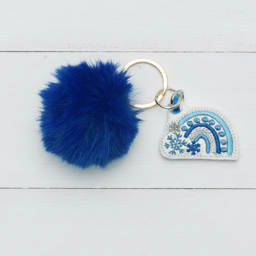 Winter Rainbow Pom Pom Keychain, handmade keychain
