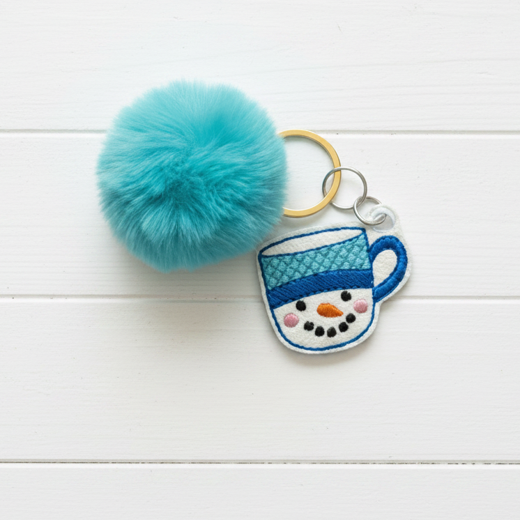 Snowman Mug Pom Pom Keychain, handmade keychain