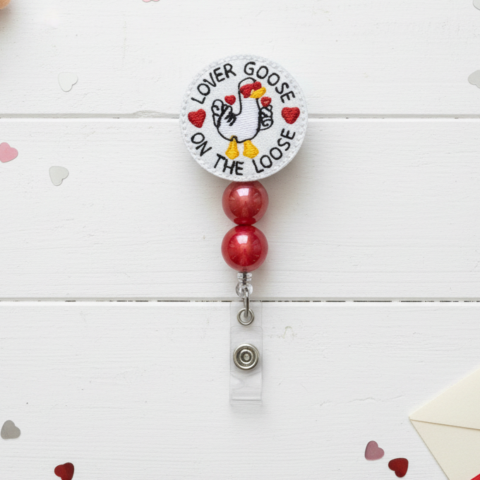 Love Goose on the Loose Badge Reel, handmade retractable ID badge reel
