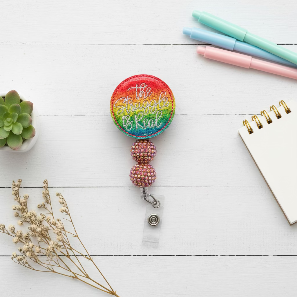 A retractable badge reel with a round top featuring a vibrant rainbow gradient and silver glitter script text, connected by two rhinestone-covered beads to a clear plastic clip with a silver metal snap.