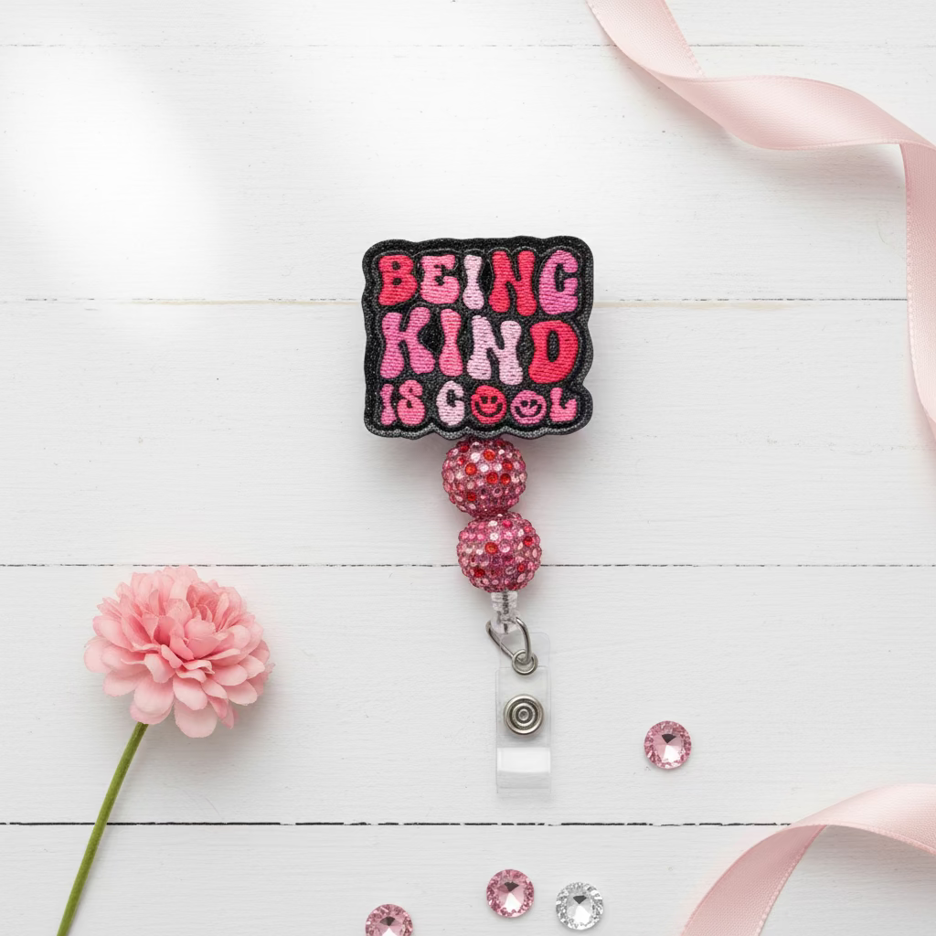 A square embroidered patch with the text 'BEING KIND IS COOL' in pink and red letters on a black background, attached to two pink rhinestone-covered beads and a clear retractable badge reel on a light pink background.