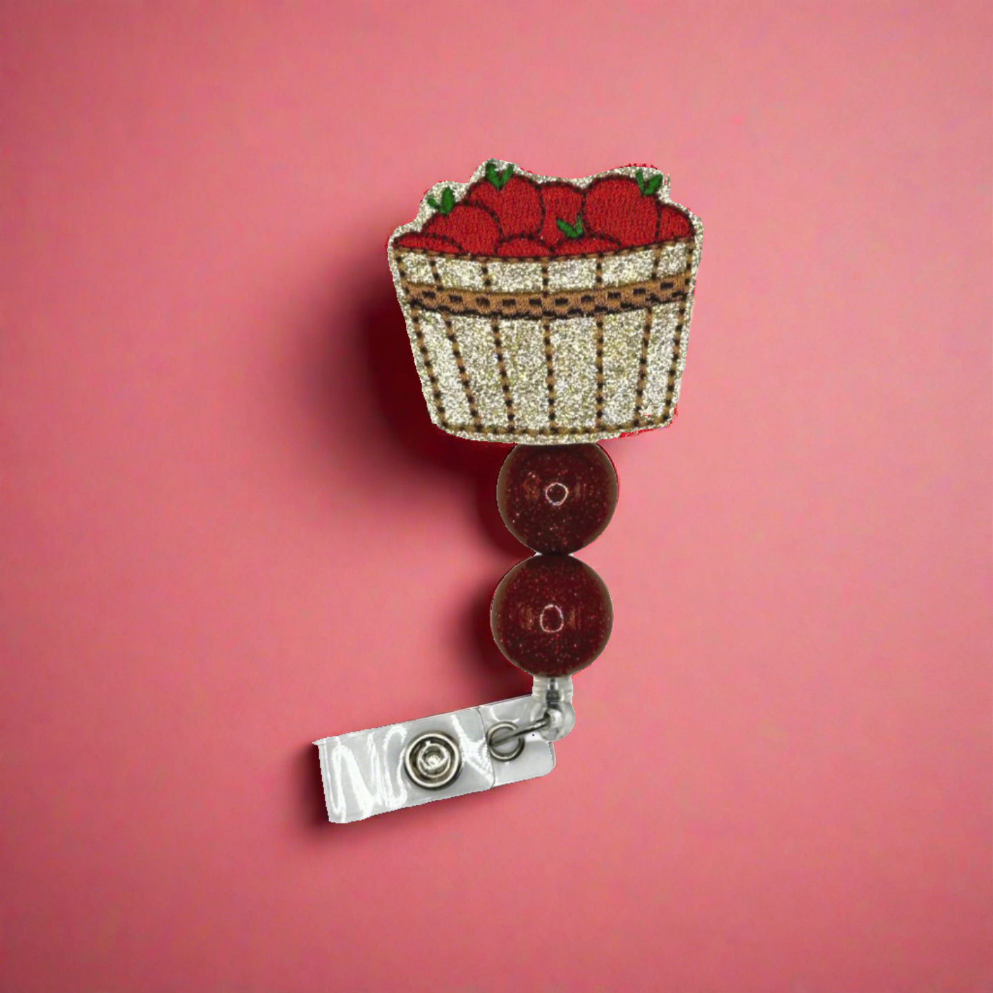 Red Apple Basket Beaded Badge Reel