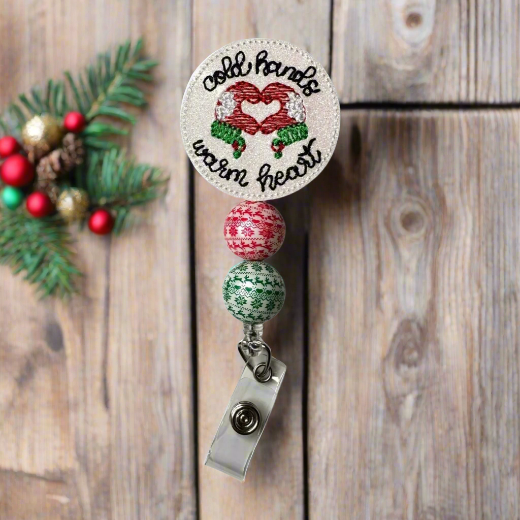 Cold Hands Warm Heart Mitten Beaded Badge Reel