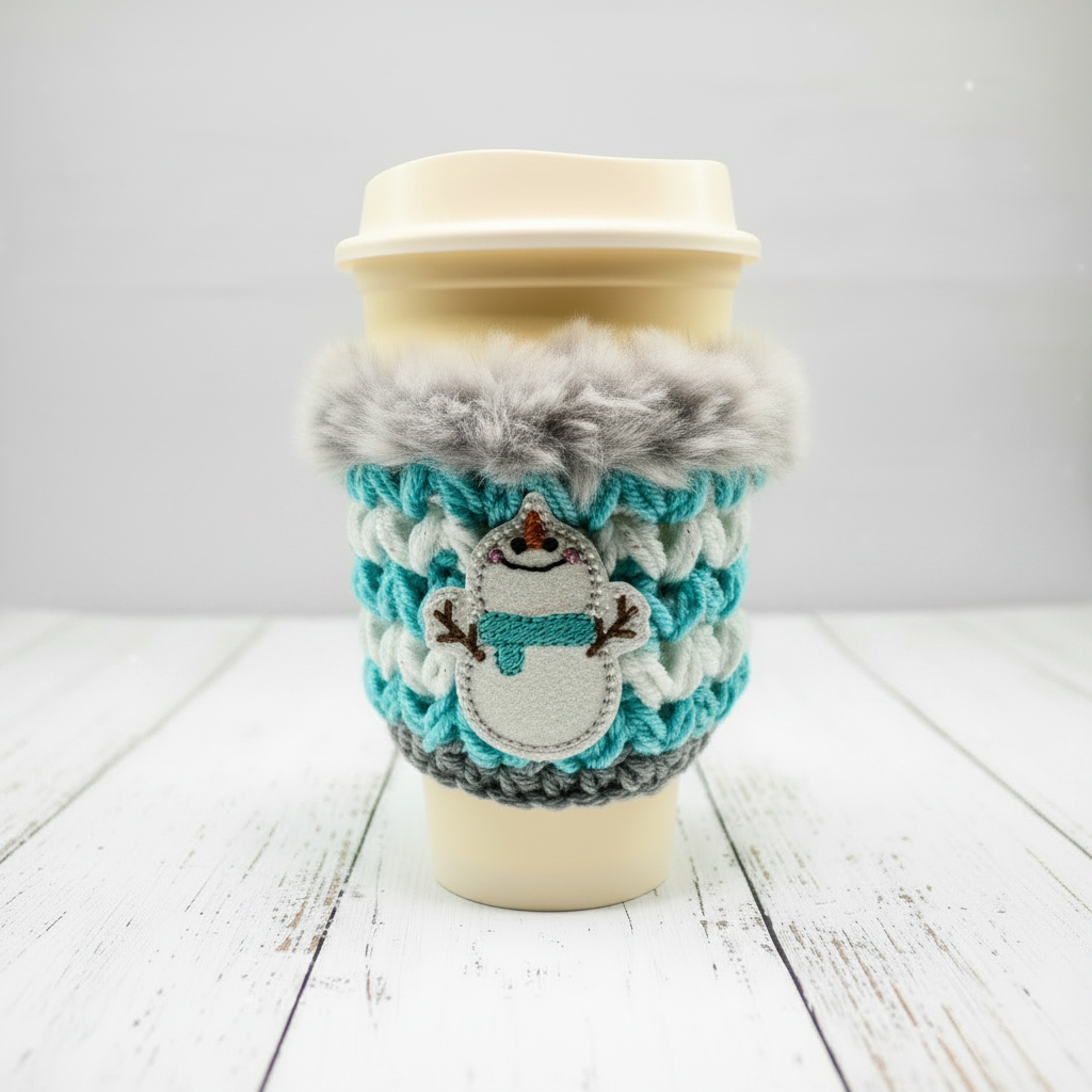A coffee cozy sleeve with a snowman design, primarily in blue and gray tones, wrapped around a coffee cup.