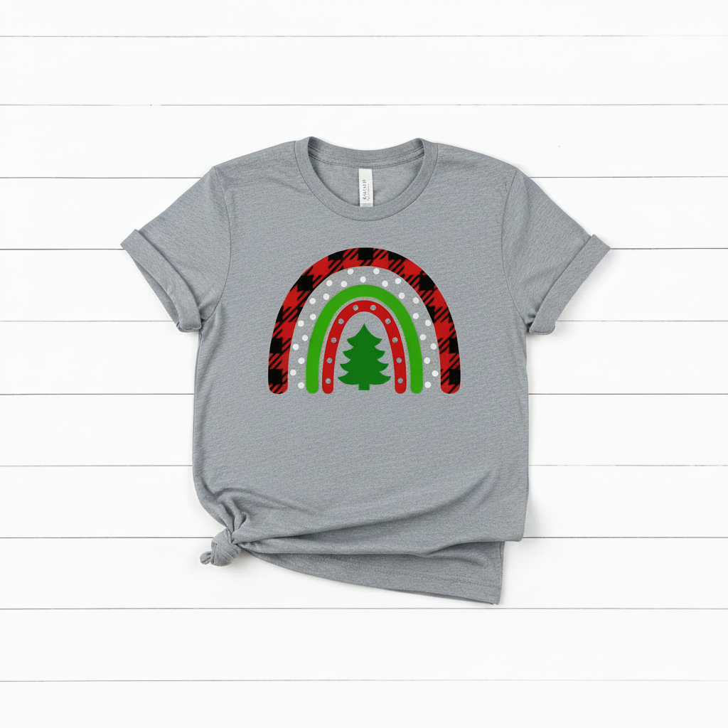 Christmas Tree Buffalo Plaid Rainbow T-Shirt, handmade t-shirt