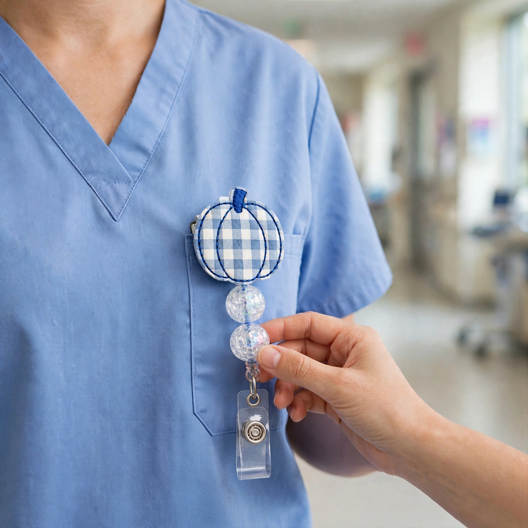 Blue Gingham Pumpkin Badge Reel
