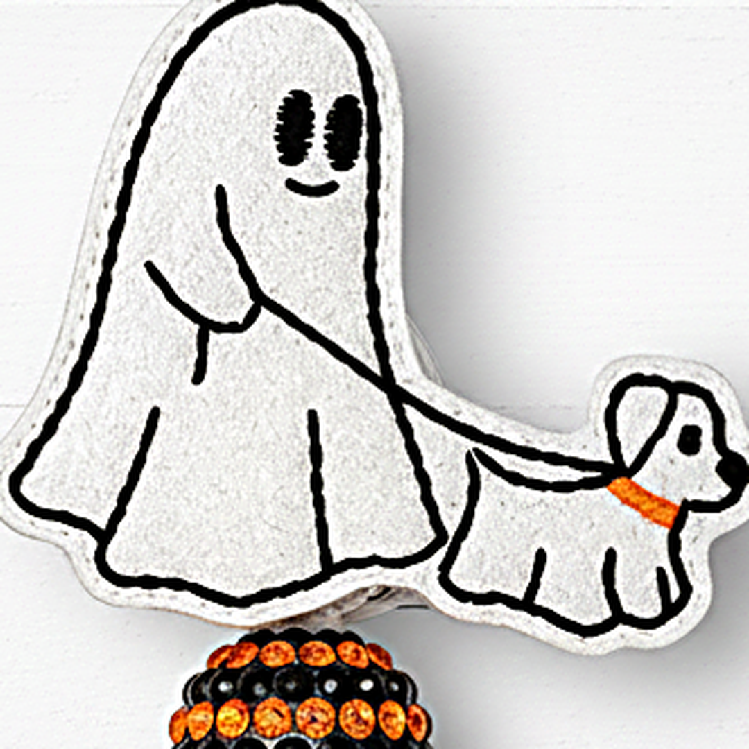Dog Walking Ghost Halloween Badge Reel