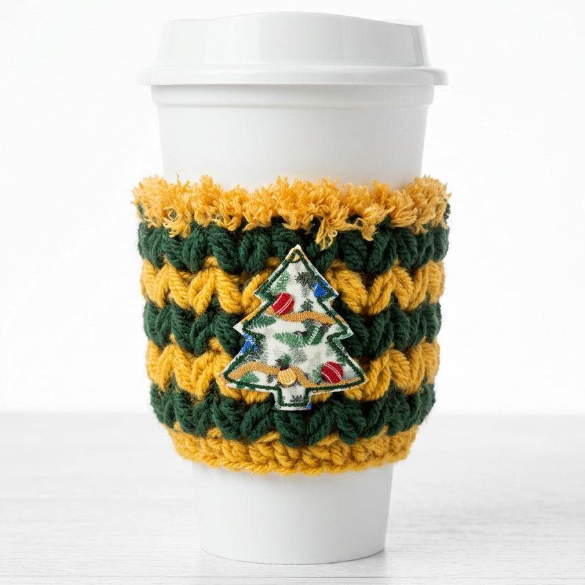Golden Christmas Tree Coffee Cozy | Holiday Drink Sleeve