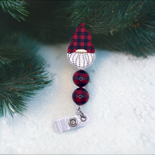 Buffalo Plaid Hat Gnome Beaded Badge Reel