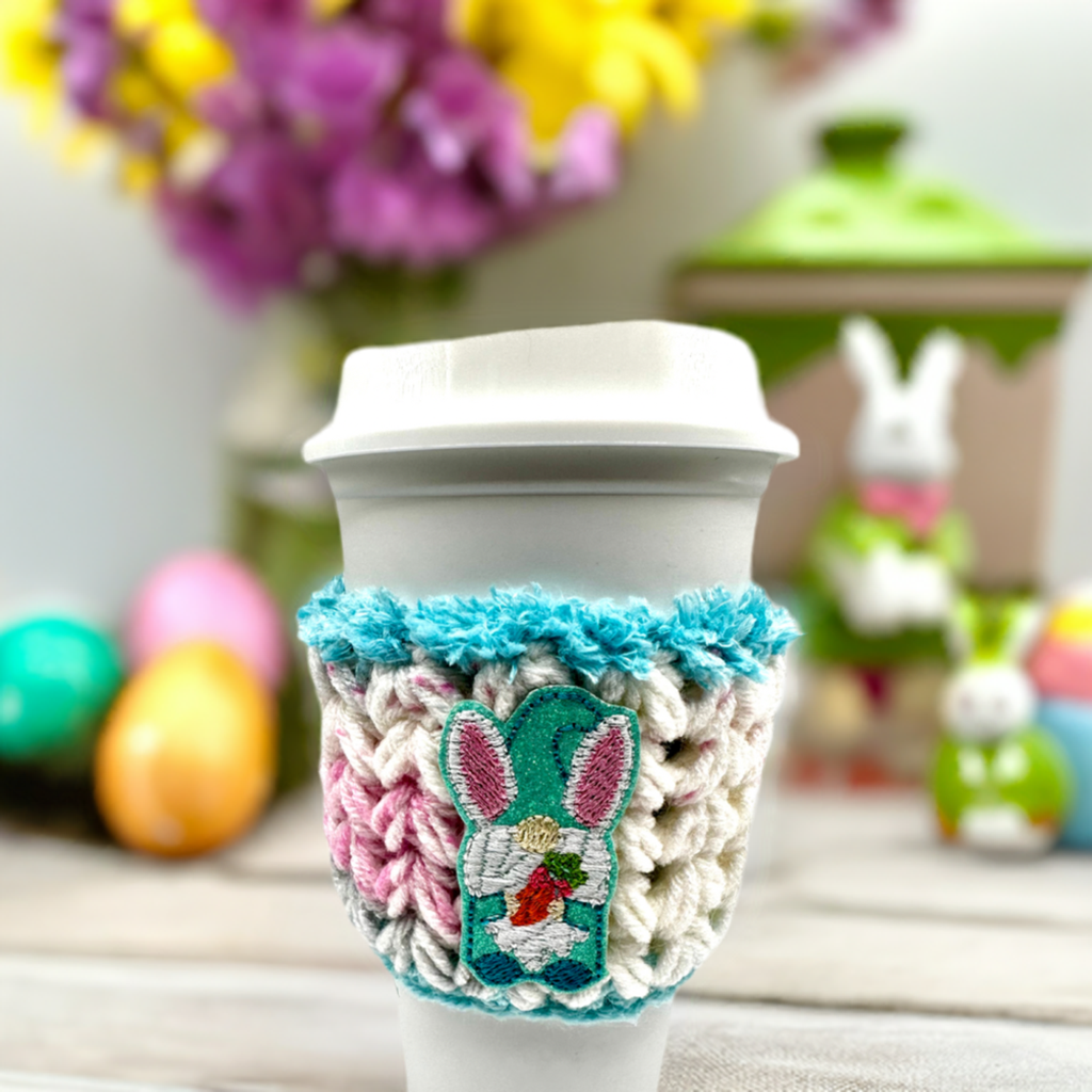 Blue Bunny Gnome Crocheted Coffee Cozy