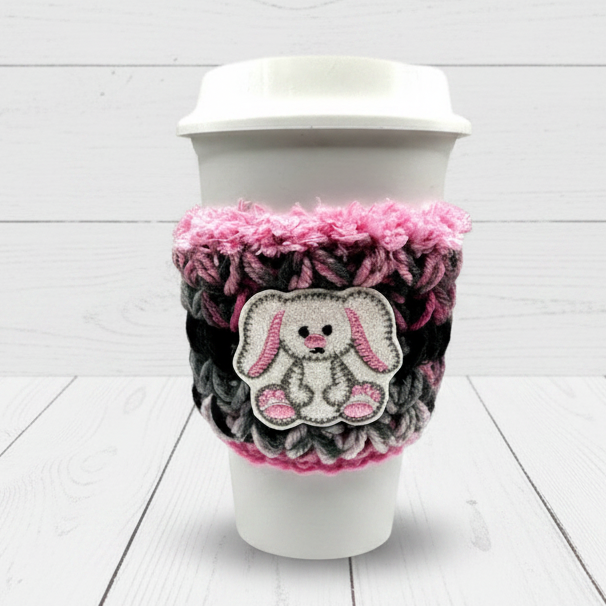 Floppy Ear Bunny Crocheted Coffee Cozy, handmade drink sleeve