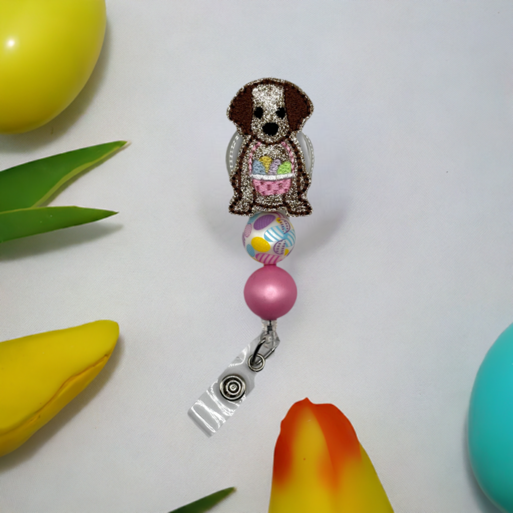 Dog With Easter Basket Beaded Badge Reel