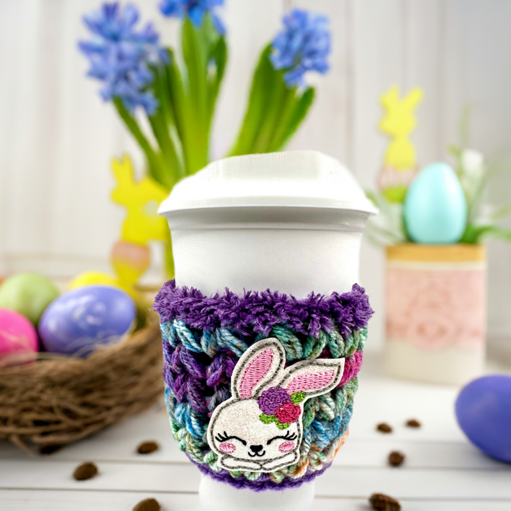 Bunny with Flowers Crocheted Coffee Cozy