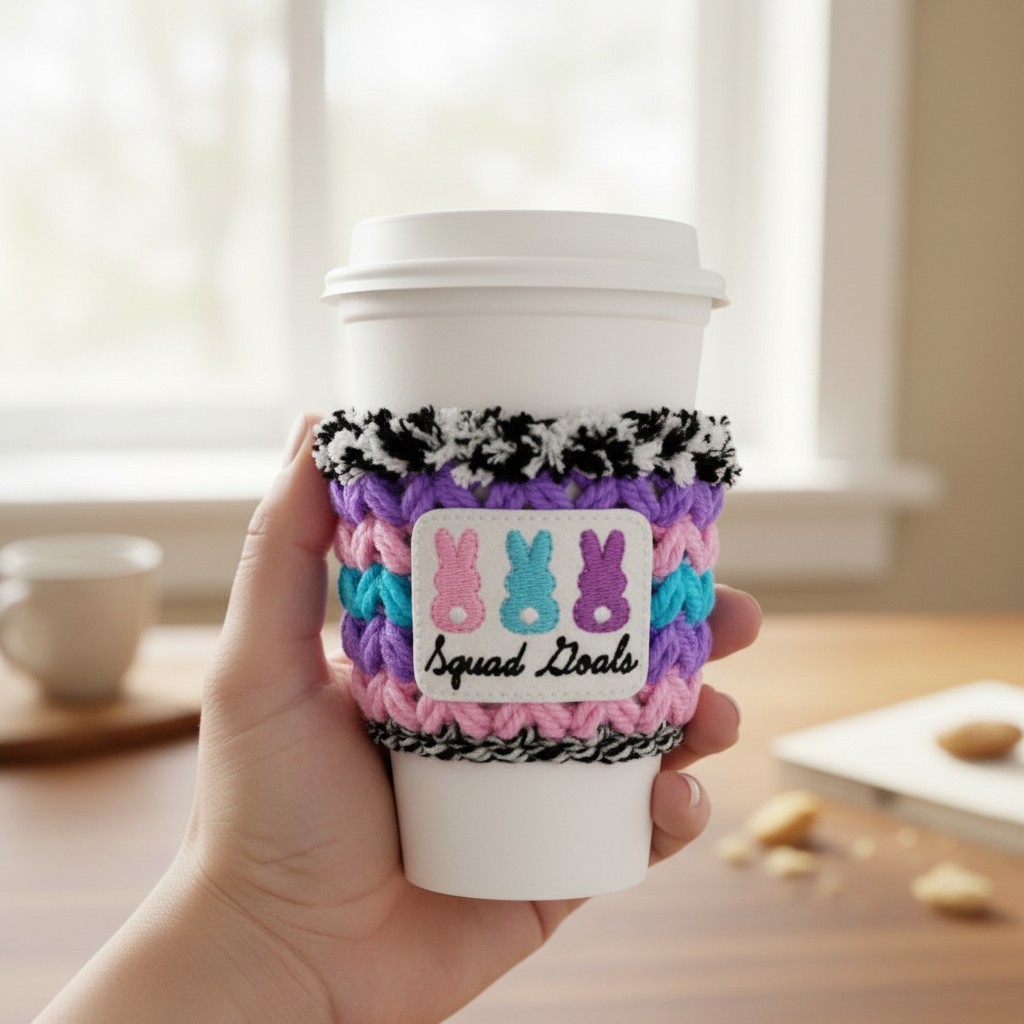 Squad Goals Bunny Crocheted Coffee Cozy, handmade drink sleeve - view 2
