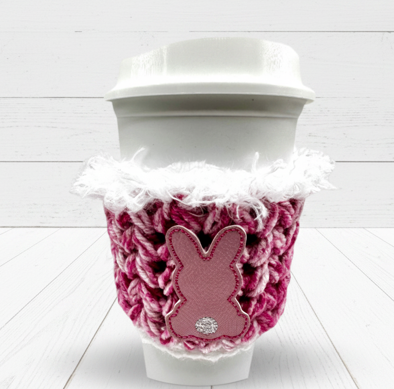 Pink Bunny Crocheted Coffee Cozy, handmade drink sleeve