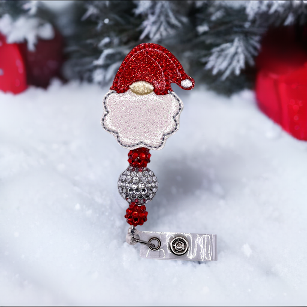 Santa Gnome Head Beaded Badge Reel